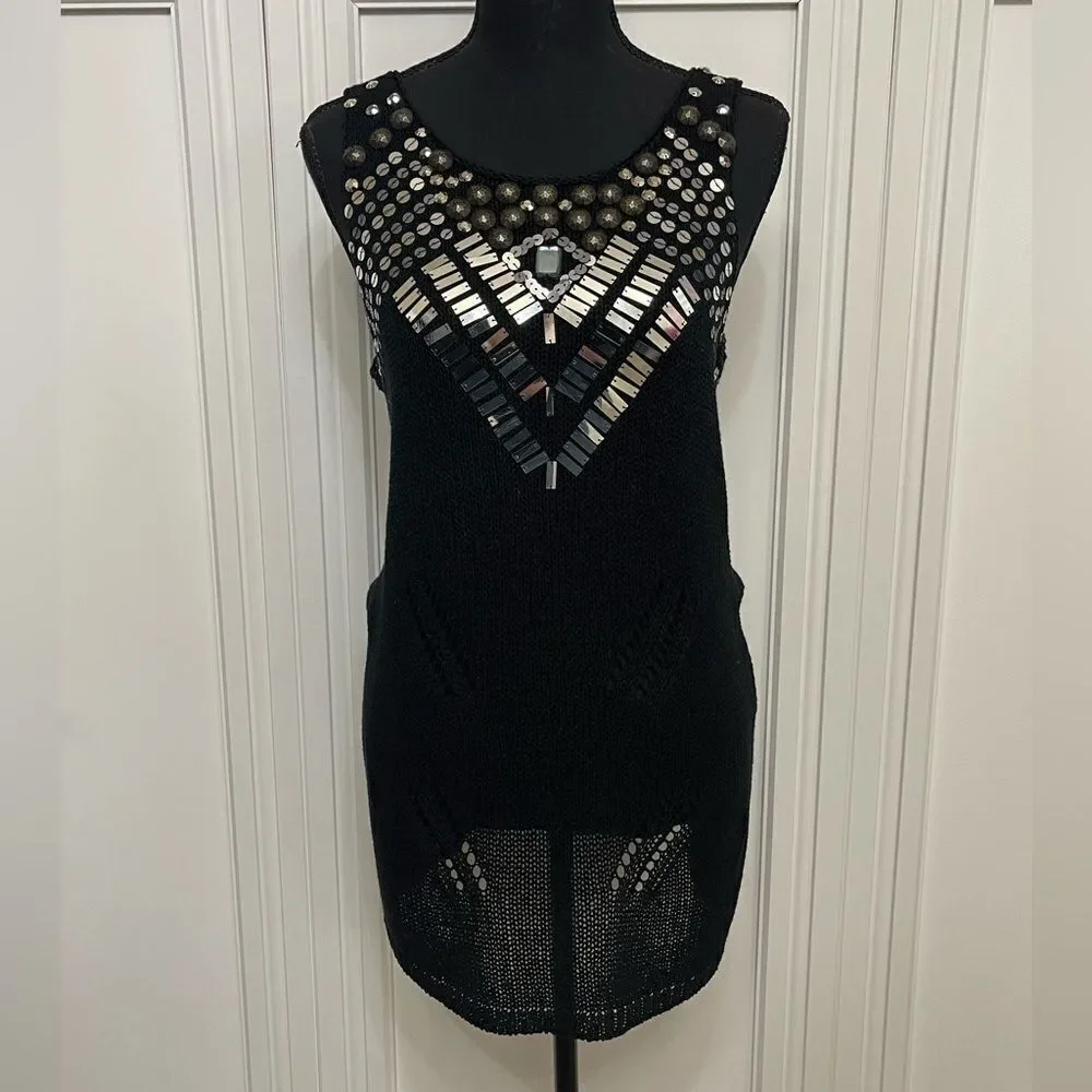 BCBGMaxAzria Black Sweater Tunic Tank Stud and Sequin Detail